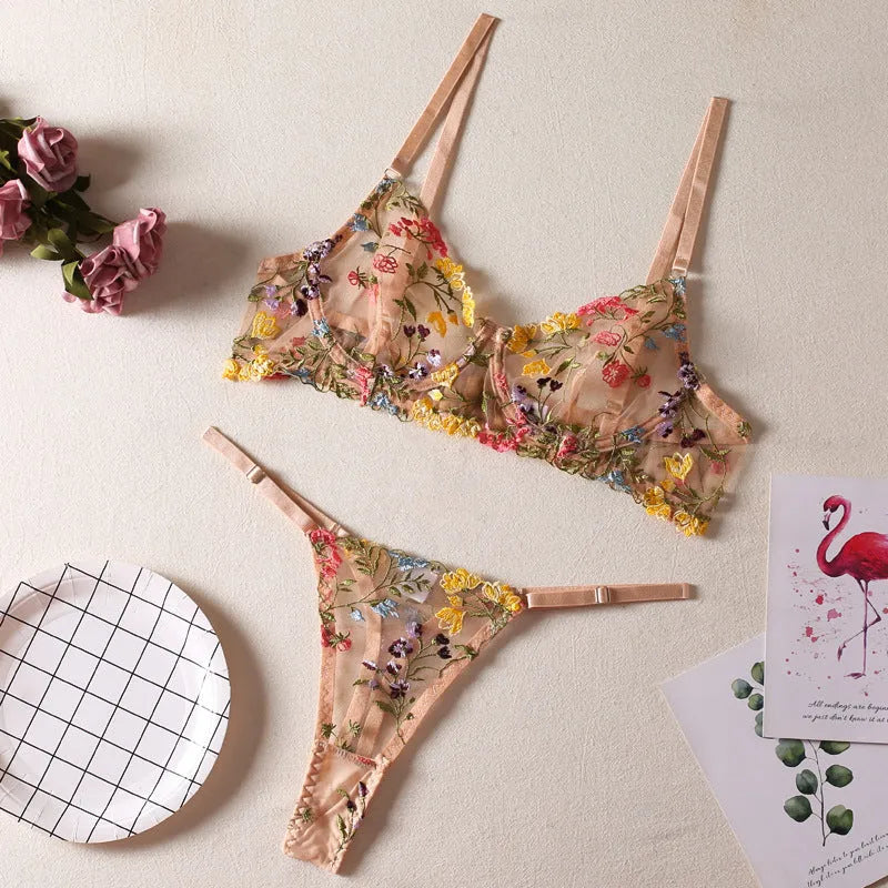 Floral mesh bra with steel ring T-back underwear set in traditional style