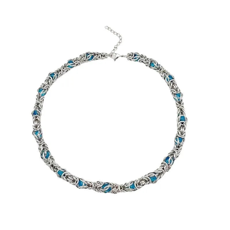 Men's titanium steel splice necklace with blue sapphire stone, adjustable chain 21-50cm