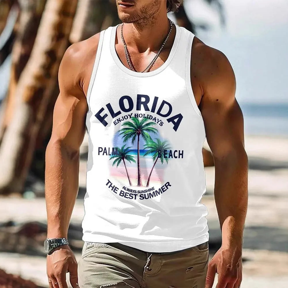 Men's Hawaiian-style 3D printed sleeveless vest tank top in polyester fabric