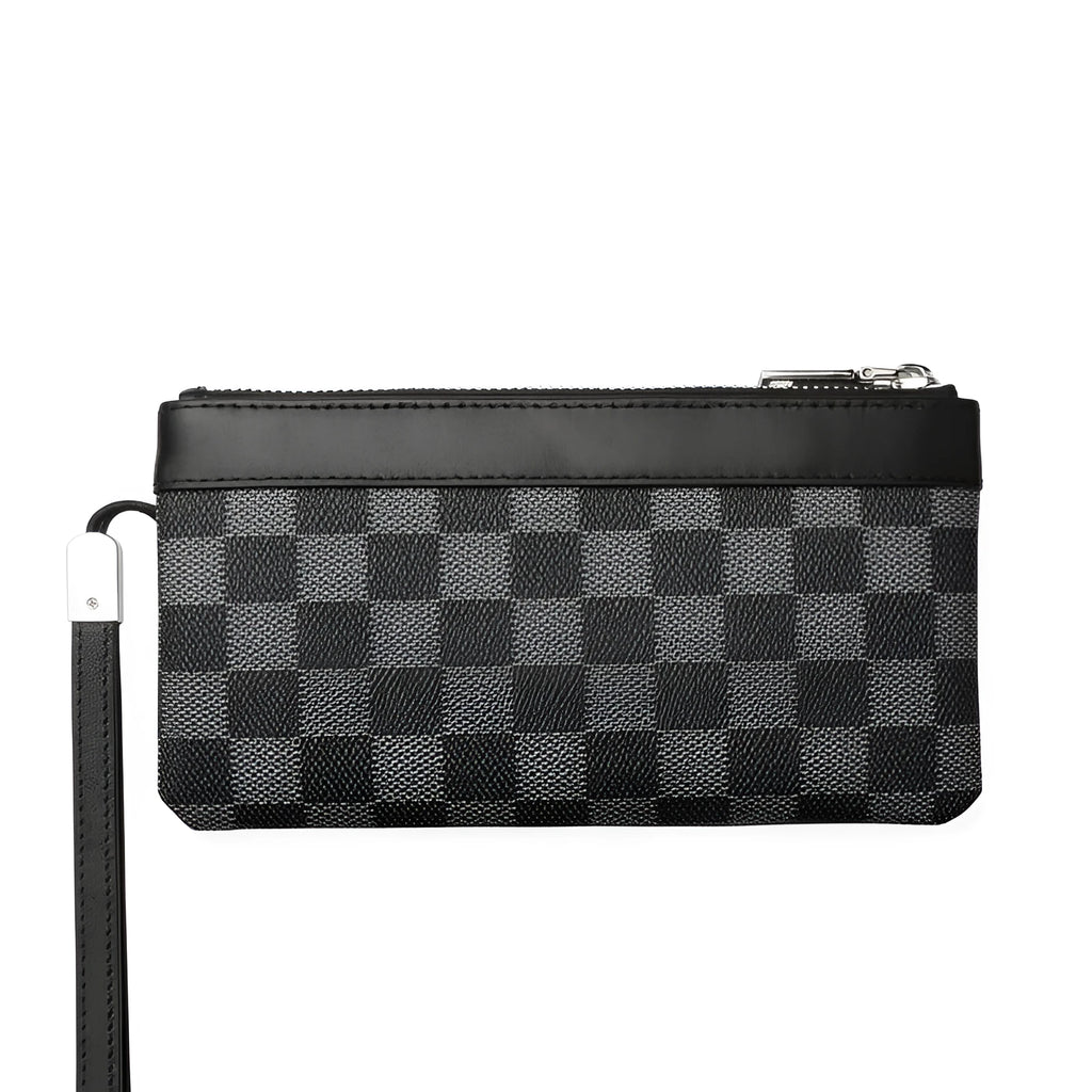 Men's black genuine leather clutch wallet showing 20 by 10 cm dimensions.