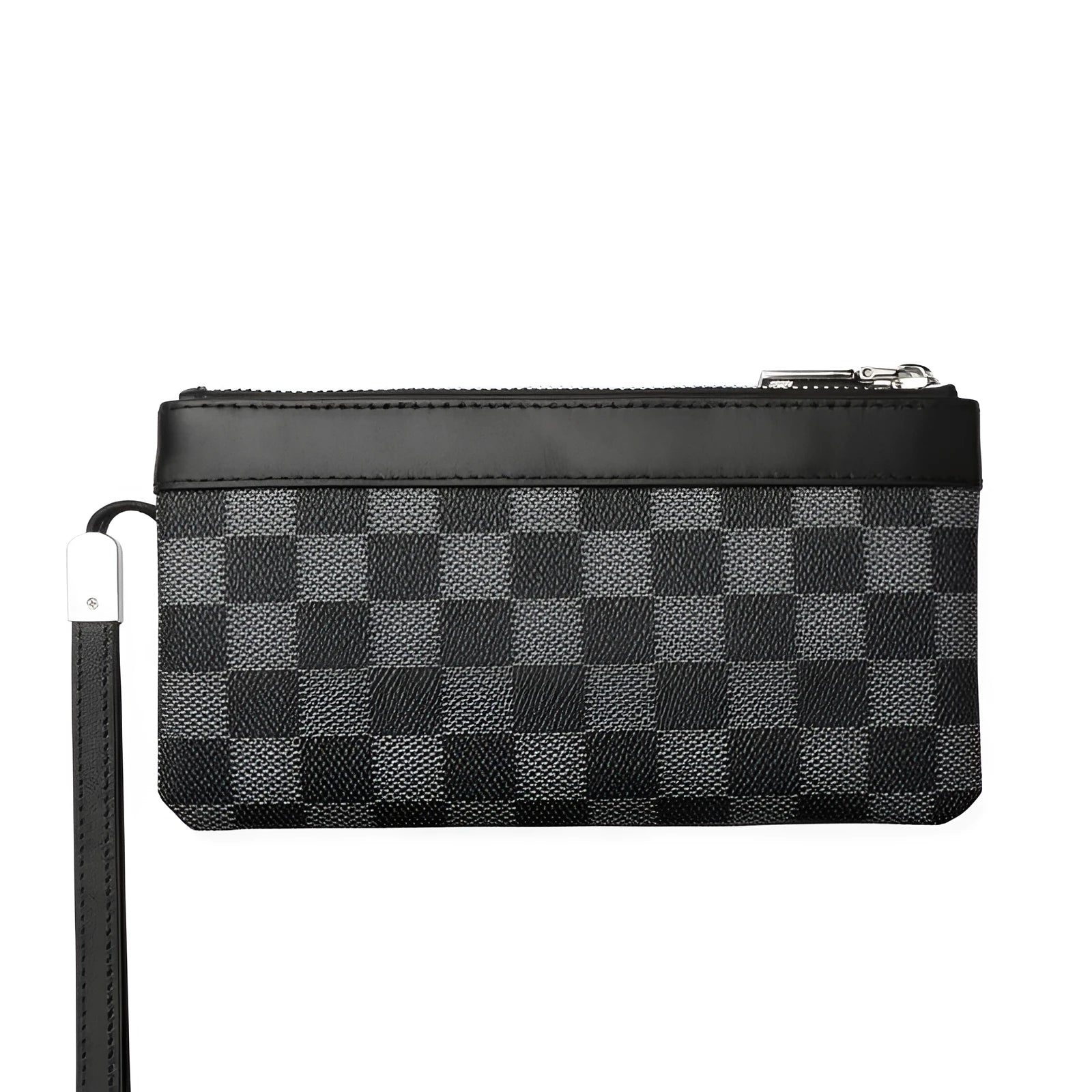 Men's black genuine leather clutch wallet showing 20 by 10 cm dimensions.