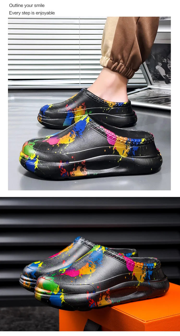 Men's black EVA work slippers with toe cap and textured sole for kitchen or workshop use