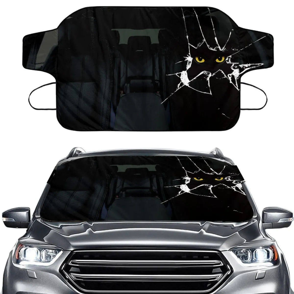 Car snow protection front cover made of aluminium film foam polyester fabric with lanyard straps