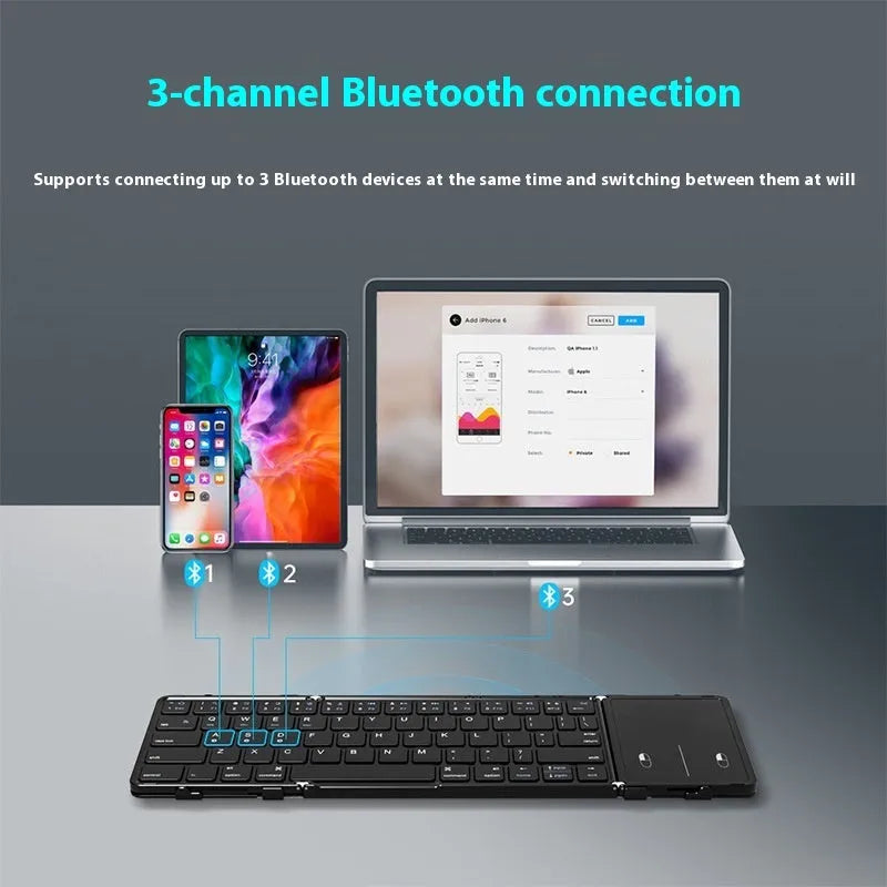 Black folding Bluetooth keyboard for mobile phones and tablets shown unfolded.