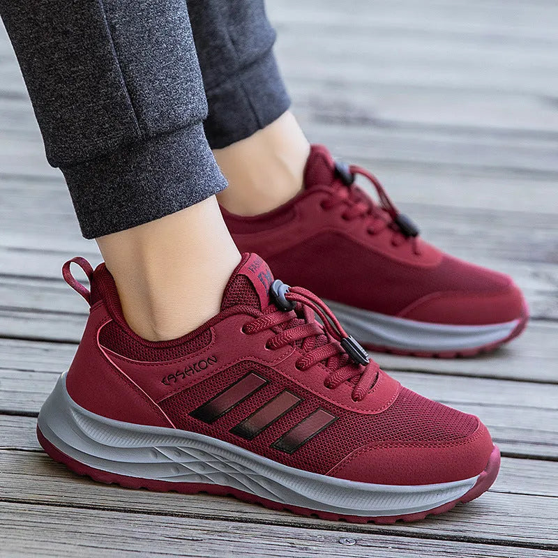Men's and women's breathable mesh mom shoes with elastic band and non-slip sole in various colours.