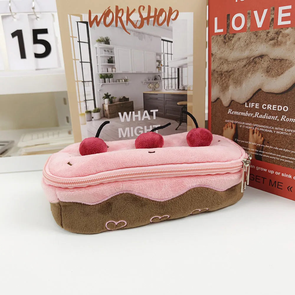 Cherry Cake plush velvet pencil case in Korean style design