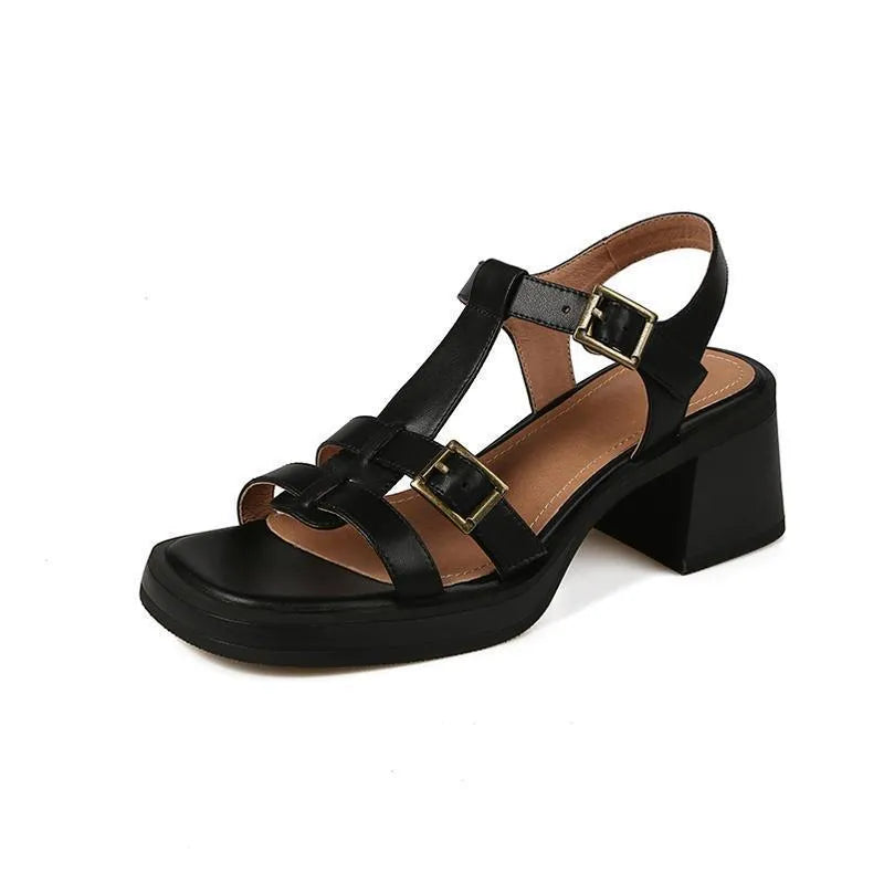 Women's black retro sandals with T-buckle and chunky platform heel
