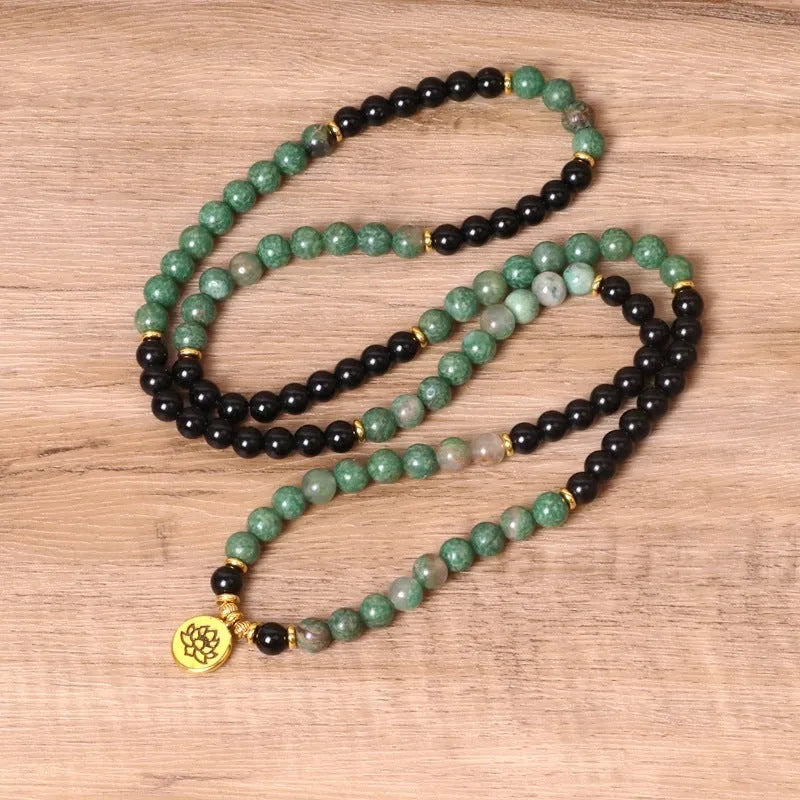 Green and black alloy elastic beaded long bracelet with stretch band