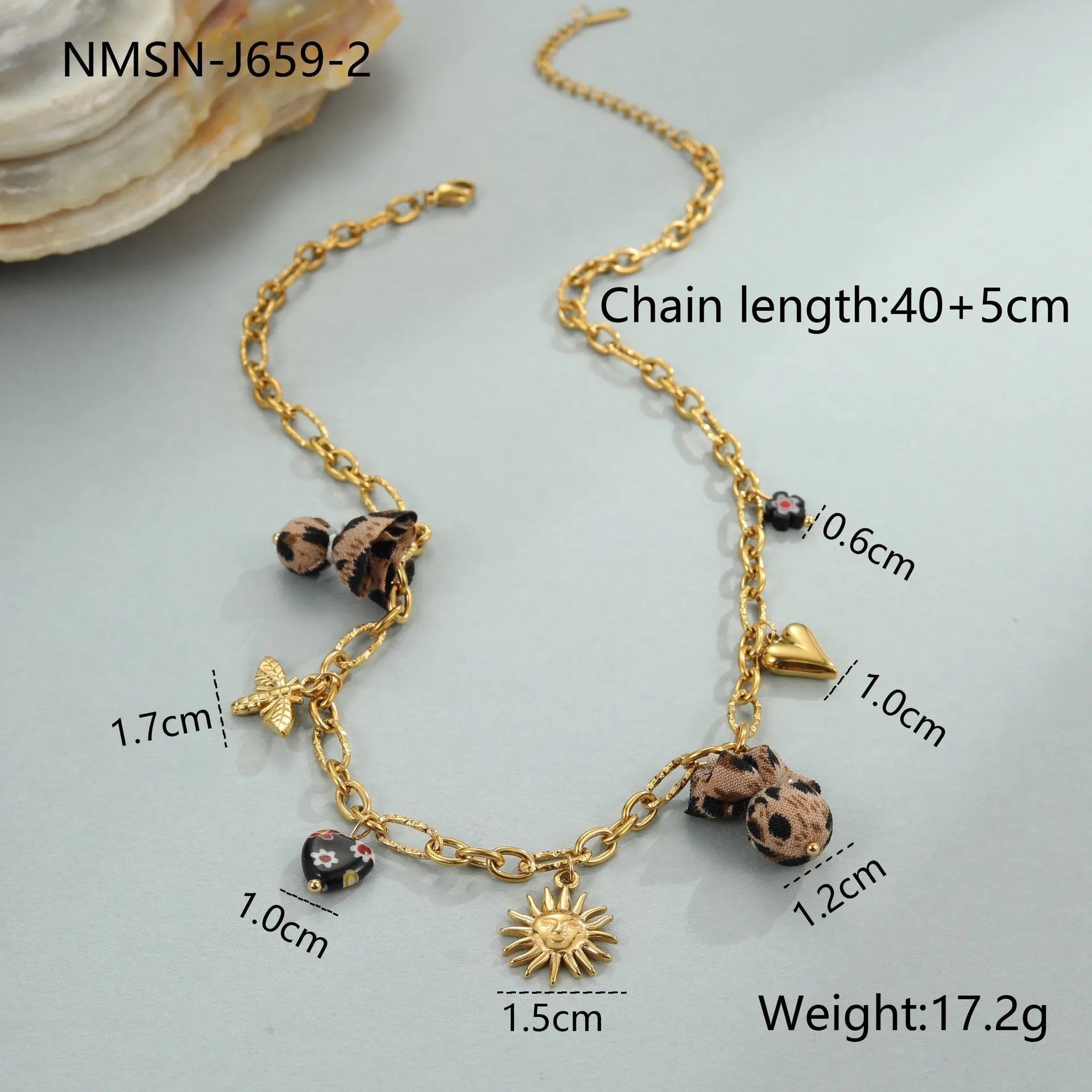 Leopard, love heart, and flowers design on a geometric stainless steel pendant necklace with an adjustable chain.