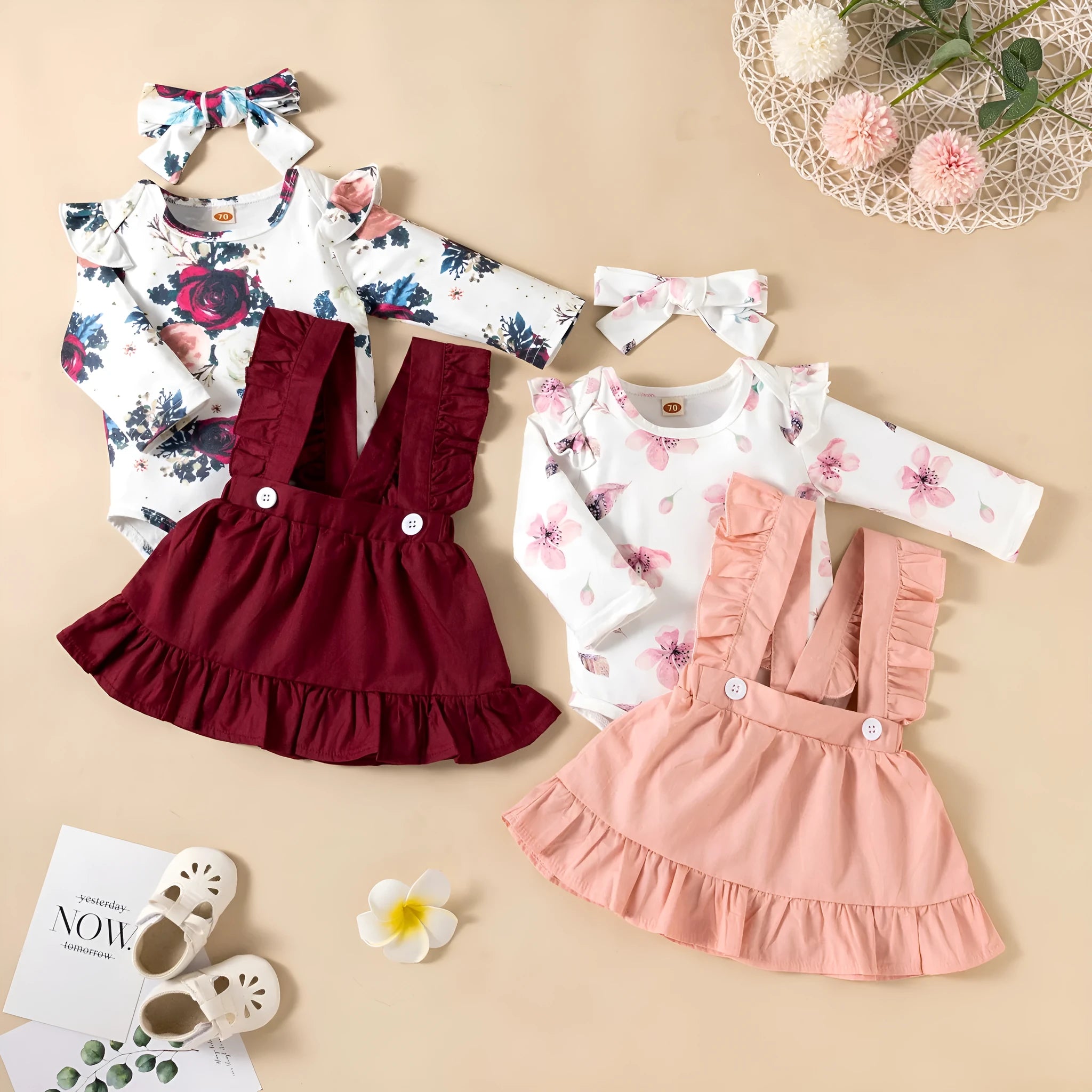 Pink cotton baby girl romper three-piece set with printed long-sleeved ruffled dress, strap skirt, and headdress