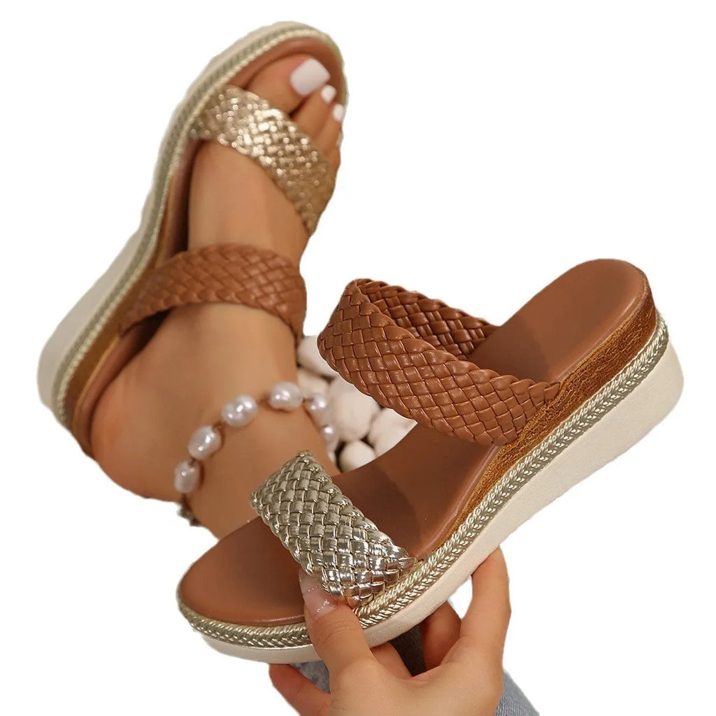 Gold and silver plus size wedge sandals for women showing PU upper and rubber sole