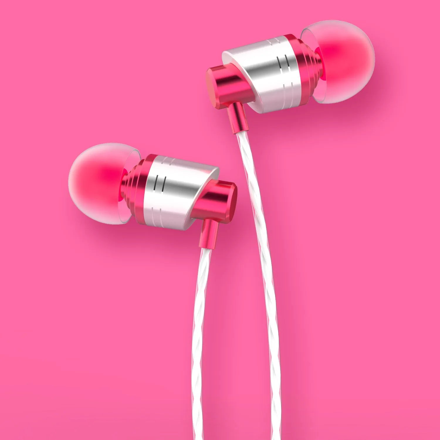 Wired in-ear earphones with a black TPE cable, 3.5mm plug, and red silicone eartips showing the inline microphone.