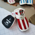 Blue zipper closure cloth dog shoes with non-slip soles for small breeds.