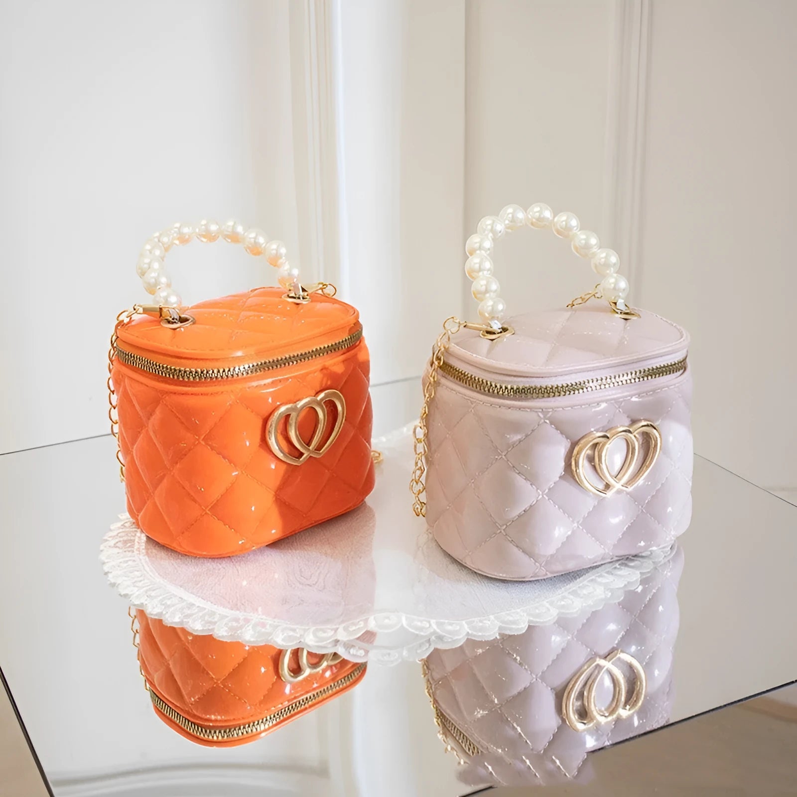 White PVC bucket-shaped gel bag with a heart pattern visible inside the open top.
