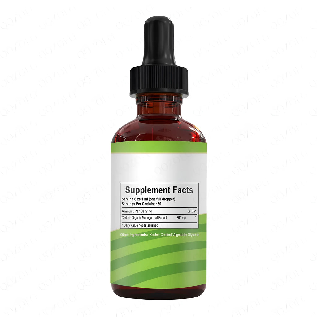 60ml bottle of organic moringa leaf extract liquid supplement with dropper
