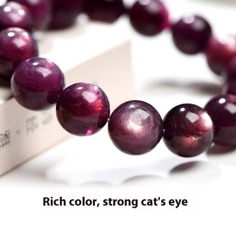 Natural purple lepidolite crystal round beads bracelet with geometric shapes and polished surfaces