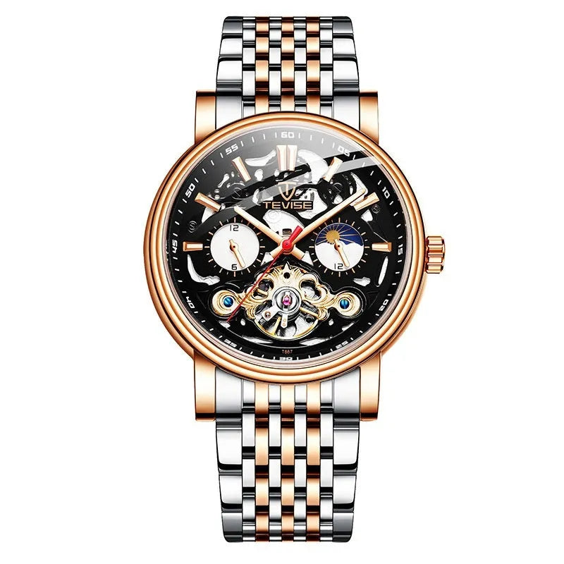 Men's black mechanical wristwatch with tourbillon detail and luminous hands on a leather strap.