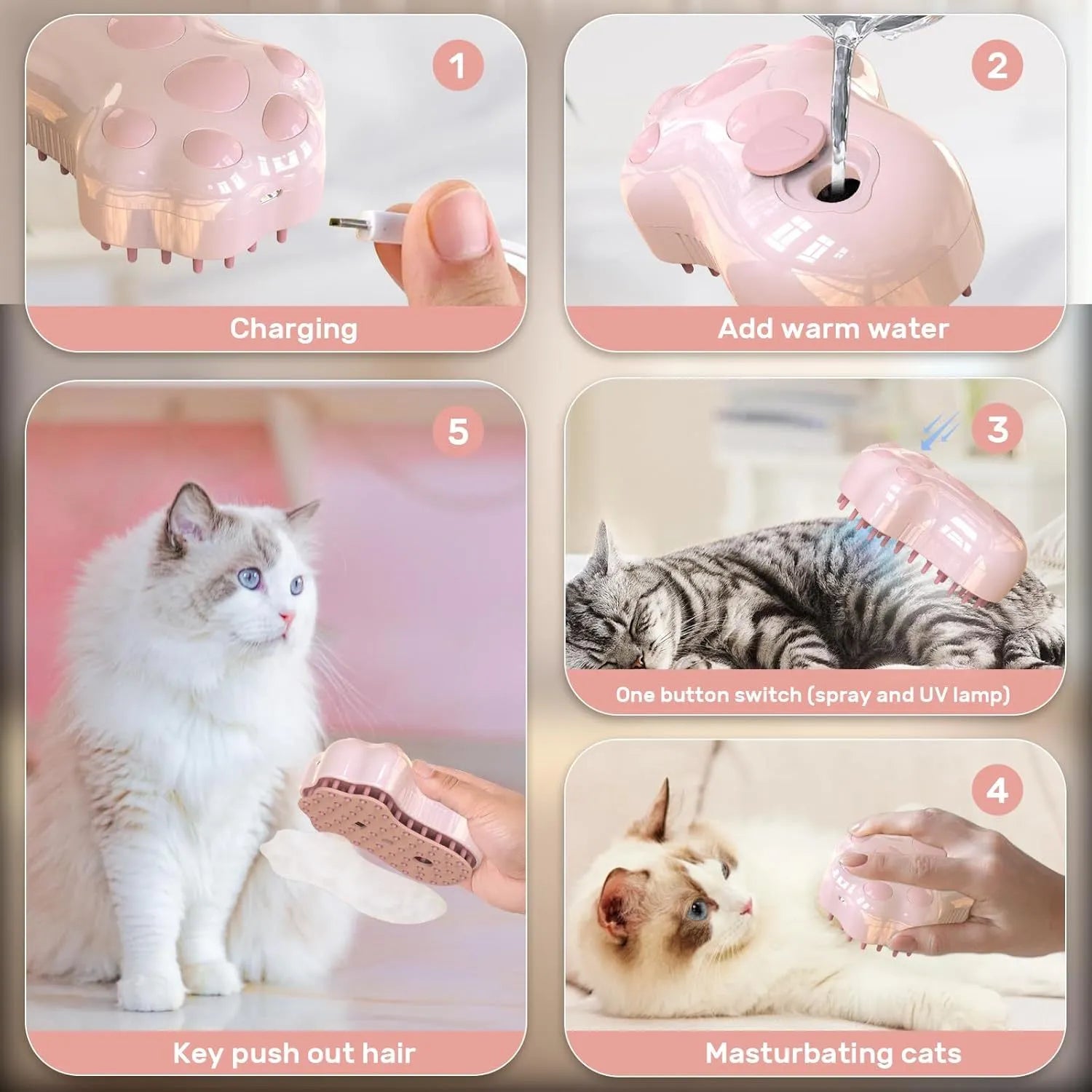 Blue self-cleaning cat steam brush with silicone bristles and a release button for pet grooming.