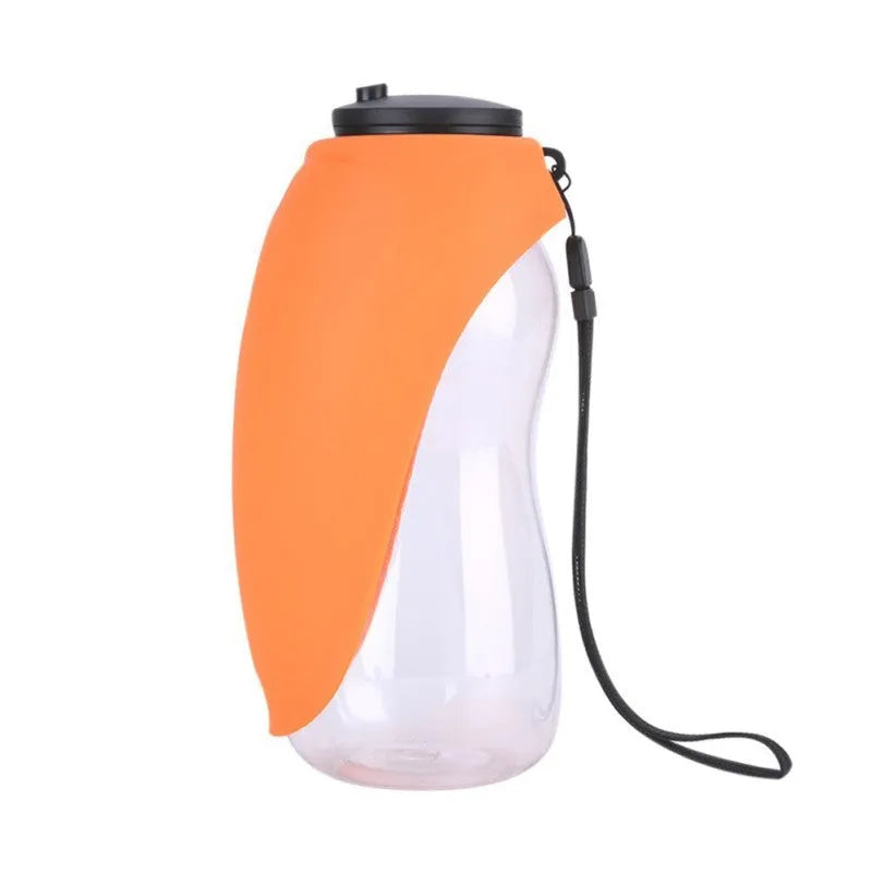 Blue portable pet water bottle with fold-out drinking bowl and carabiner clip for outdoor use