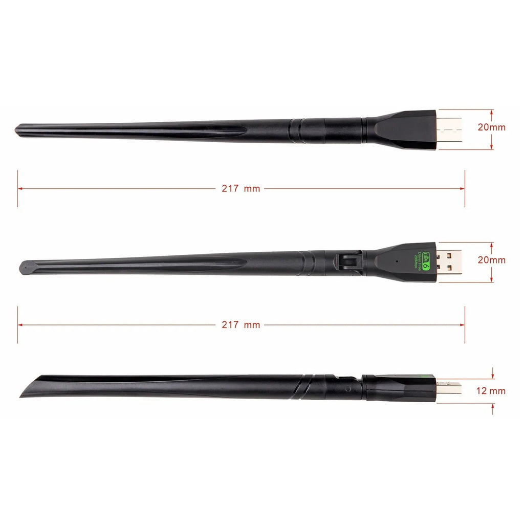 Black USB WiFi 6 wireless network adapter with driver-free installation for computers.