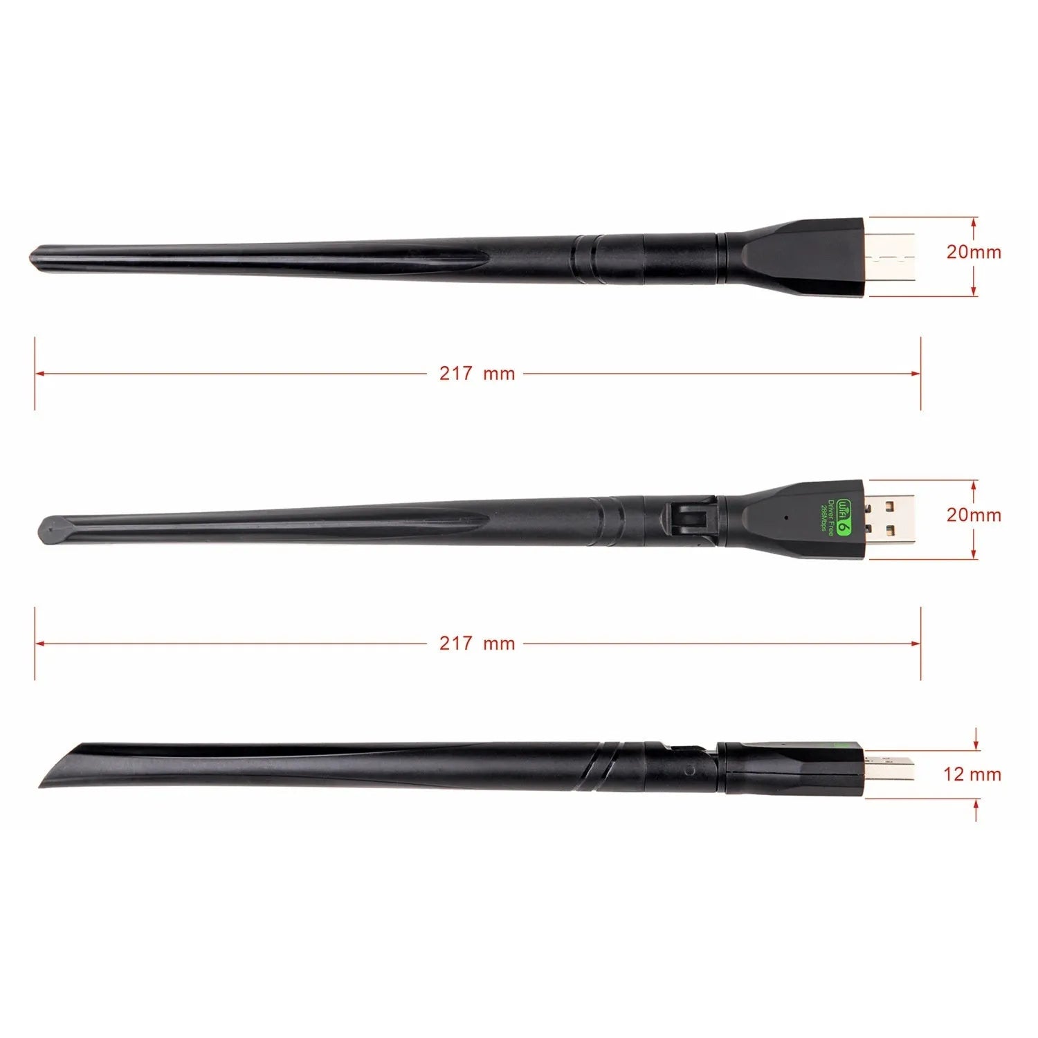 Black USB WiFi 6 wireless network adapter with driver-free installation for computers.