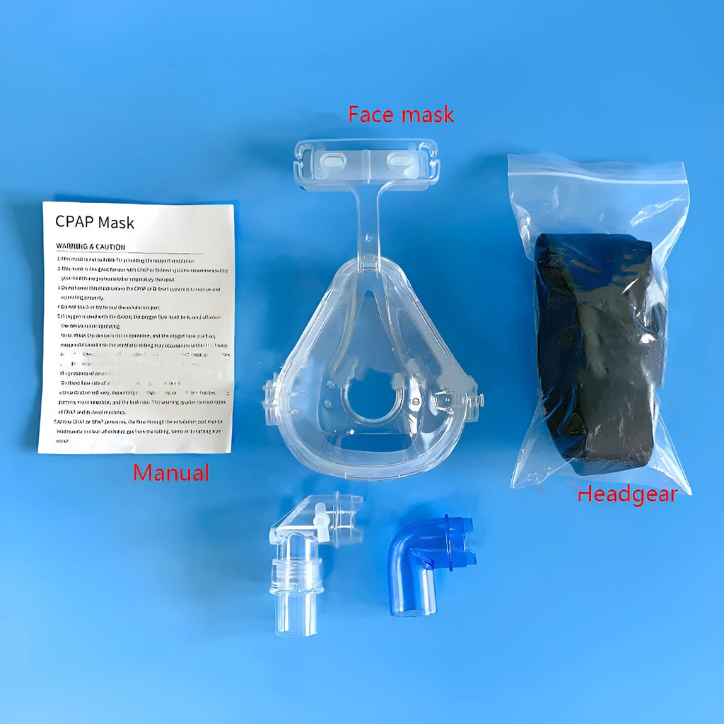 Transparent CPAP breathing mask with silicone construction and PC headgear for ventilator connection