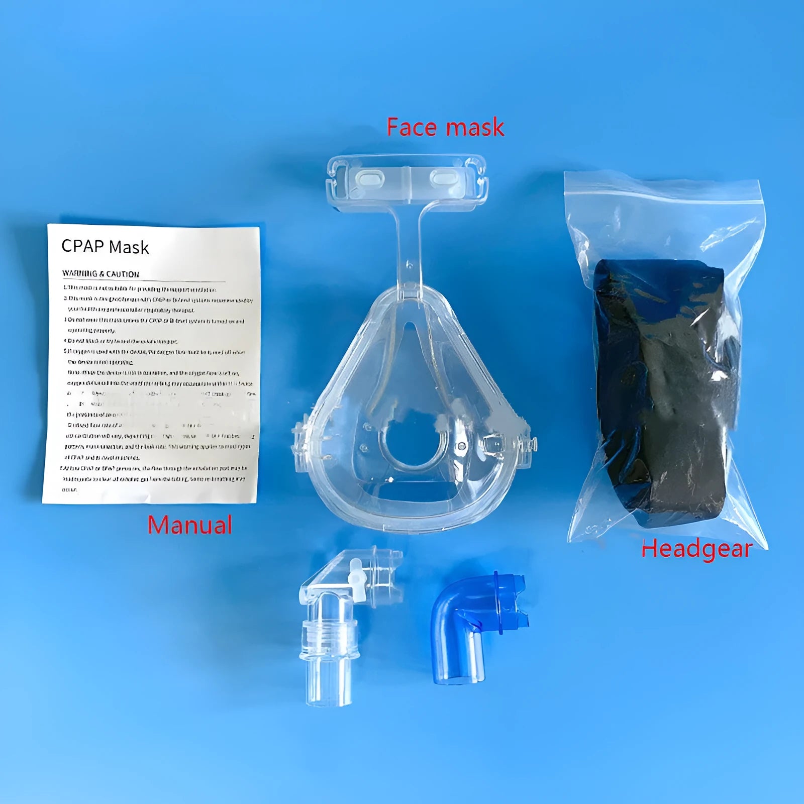 Transparent CPAP breathing mask with silicone construction and PC headgear for ventilator connection