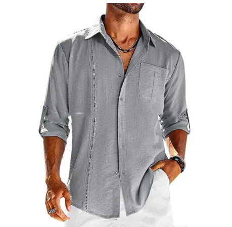 Men's solid colour long-sleeve shirt with a polo collar and a chest pocket on the left side.