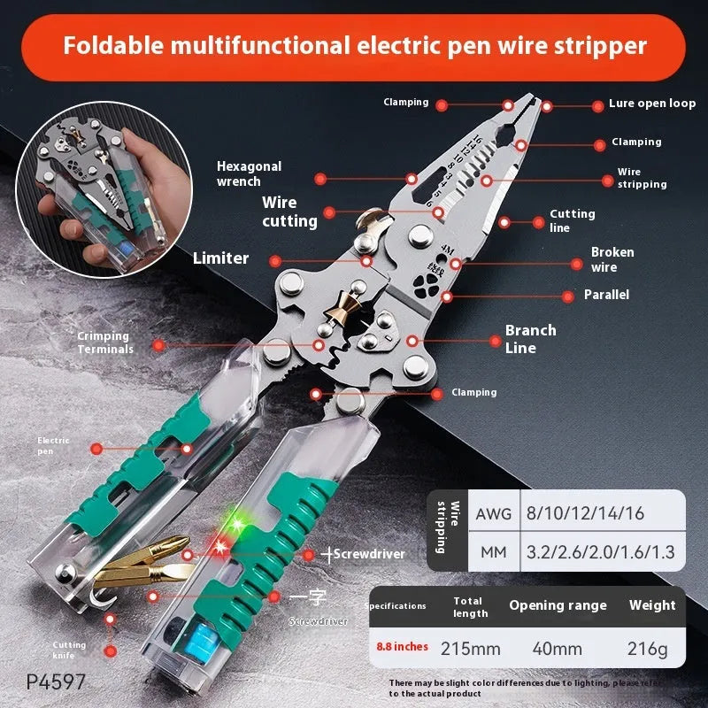 Thickened electricians' pliers with wire stripping function showing pointed design and handle details