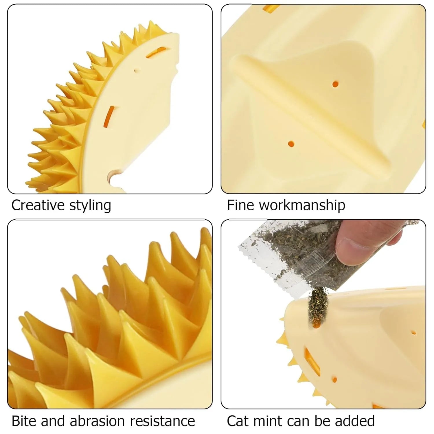 Yellow durian-shaped cat corner scratcher with spiked surface for wall mounting