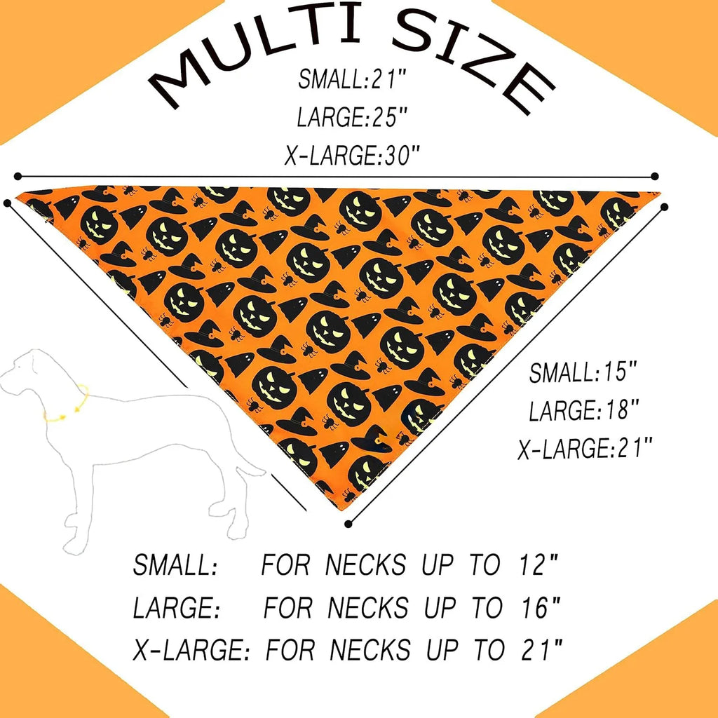 Black and orange reversible Halloween dog bandana with pumpkin and spider web patterns lying flat.