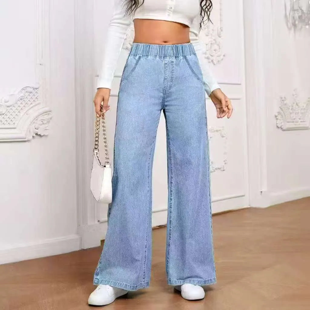 Light blue washed denim trousers with wide-leg straight cut and mid waist design