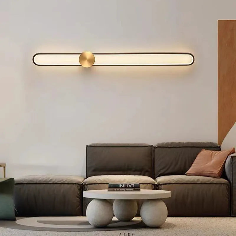 Modern minimalist round black iron wall lamp with 60cm diameter and warm LED light for living room