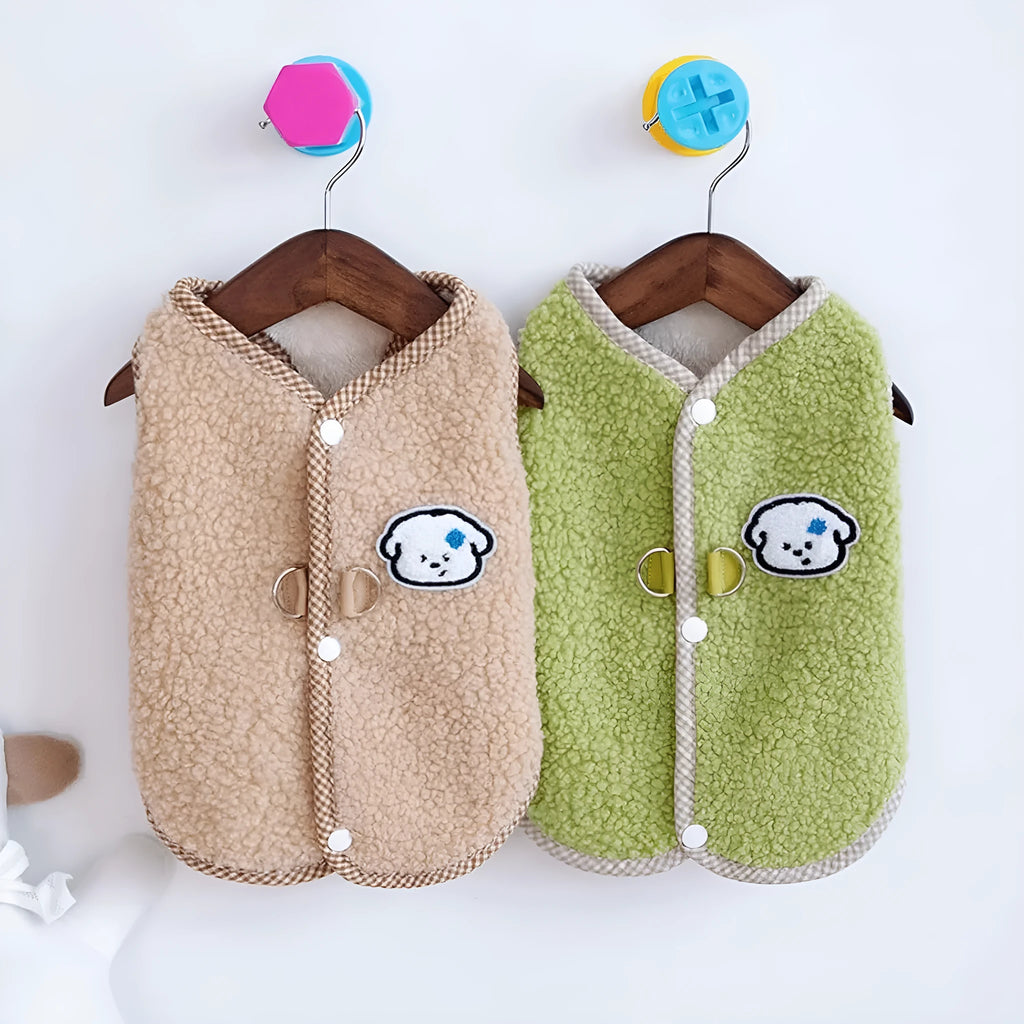 Green thickened coral fleece dog sweatshirt vest with a metal leash ring on the back