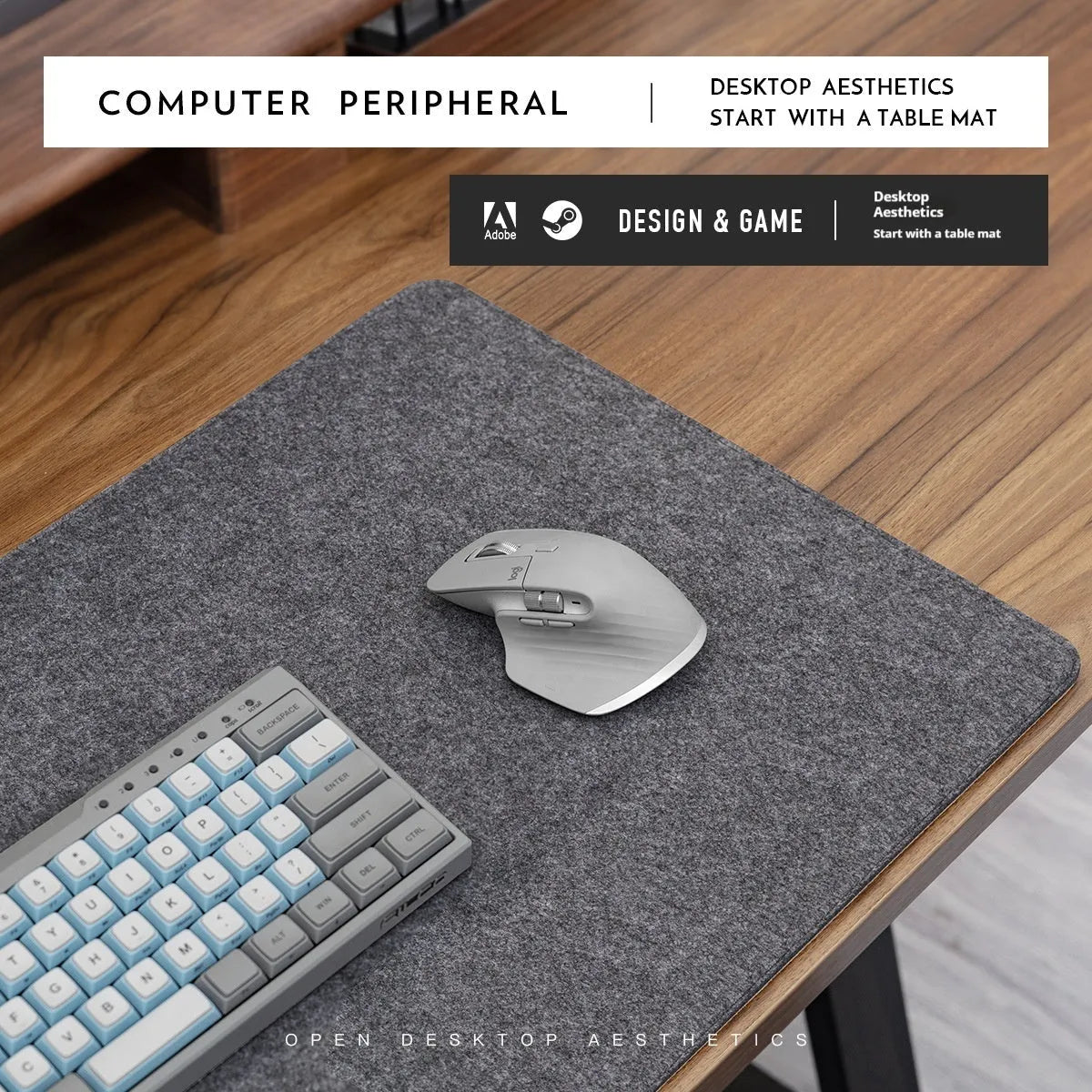 Oversized grey felt and cork desk mouse mat shown on a wooden desk with keyboard and mouse.
