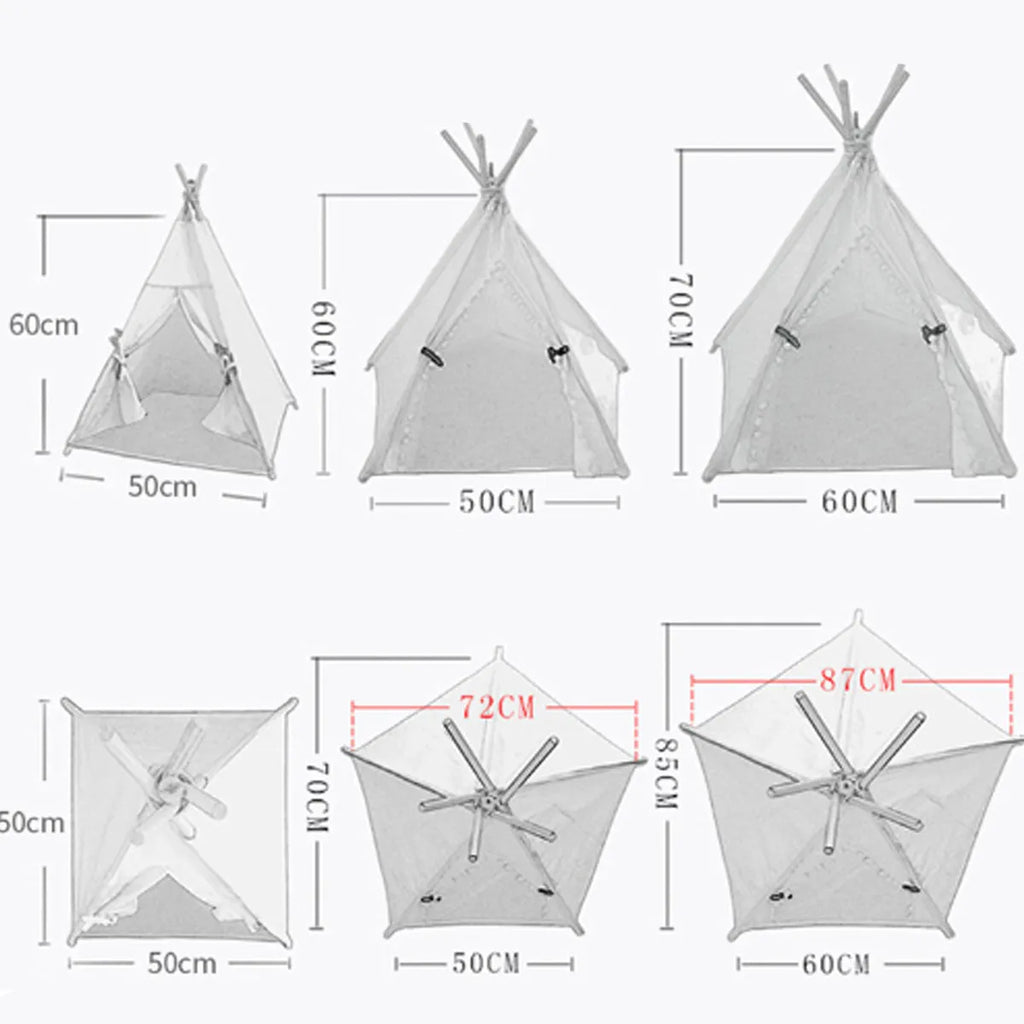 White and yellow striped flax linen pet teepee tent bed with cushion for small dogs or cats.