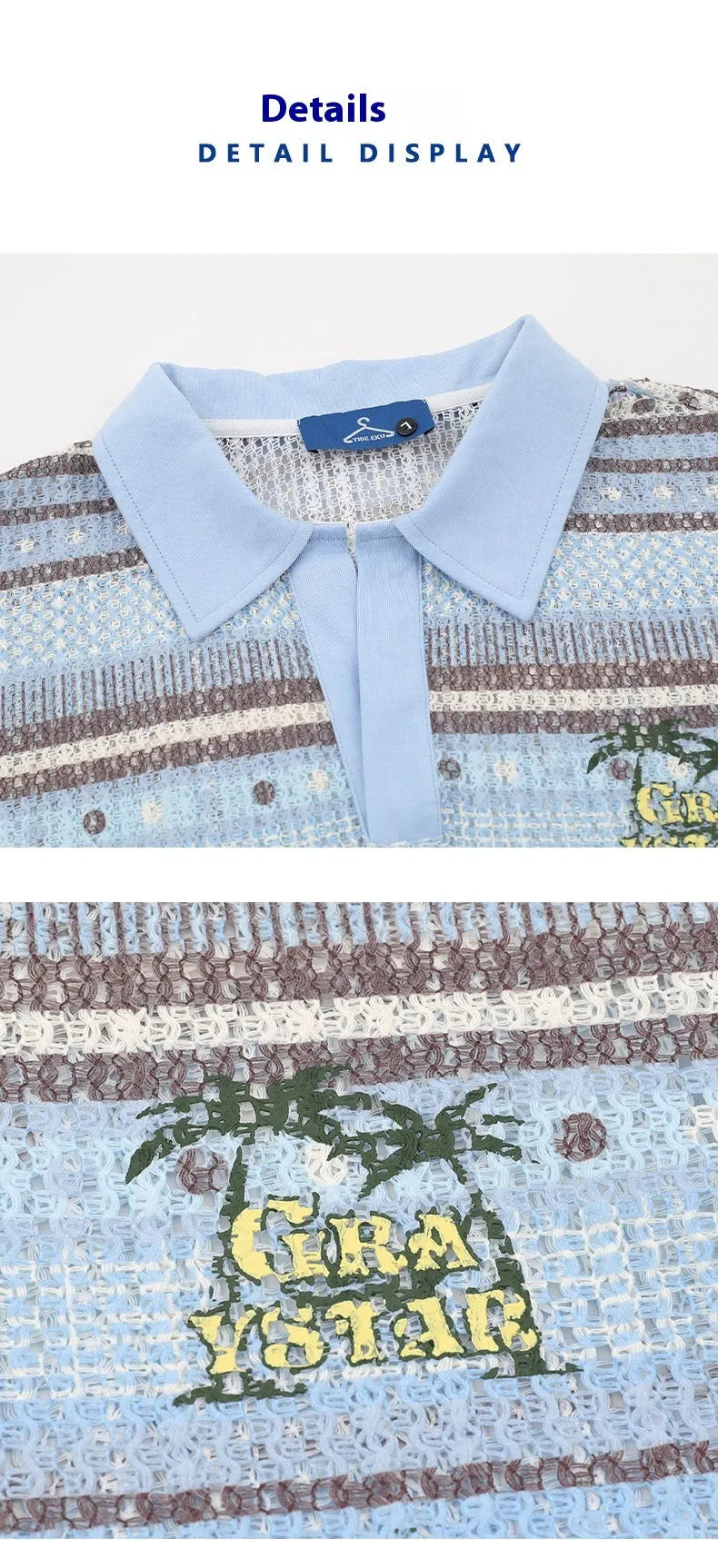 Men's blue and yellow printed short sleeve shirt with loose elastic fabric on a hanger.