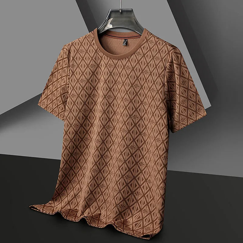 Man wearing a black loose-fit jacquard short sleeve t-shirt made from cool Ice Silk fabric.