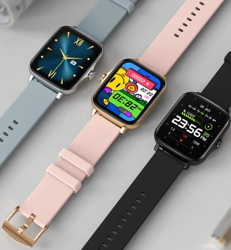 Smart sports watch with 1.7-inch colour touch screen in black, blue, or gold with adjustable strap.