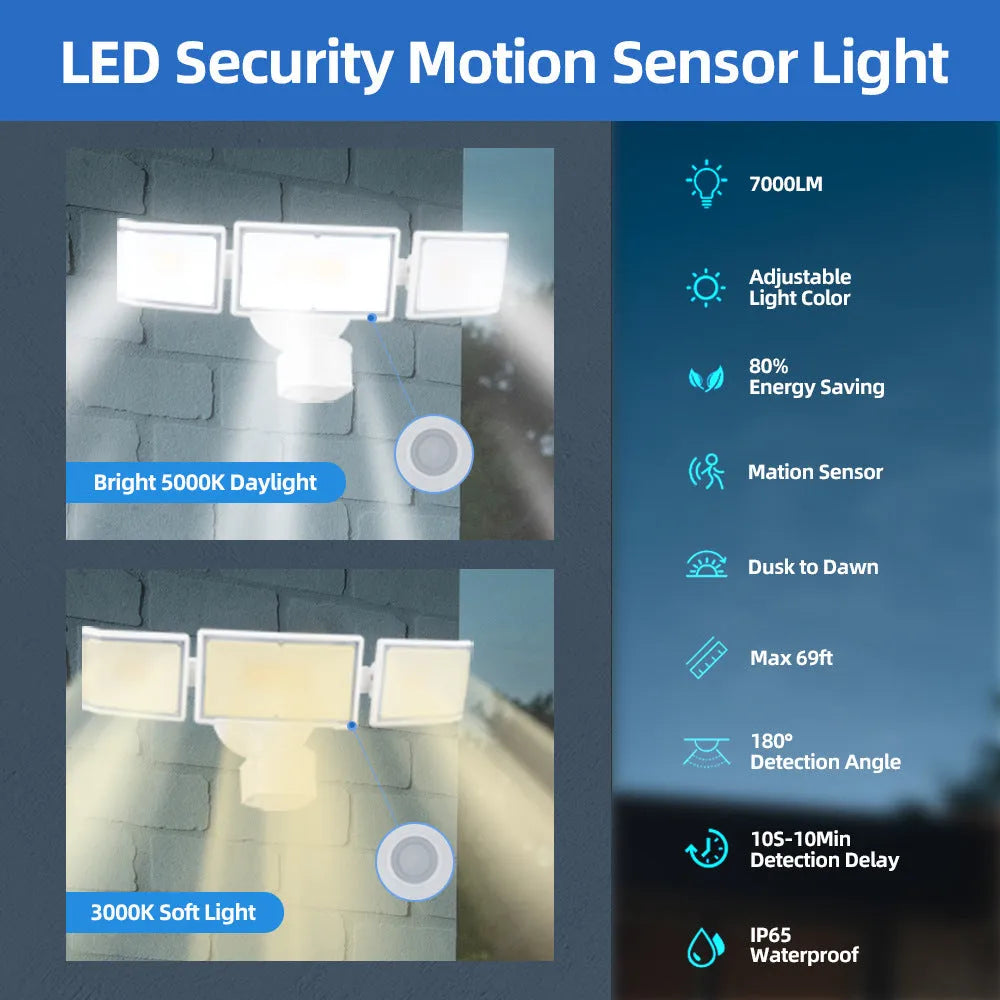 White 120V LED motion sensor security flood light with wall mount bracket