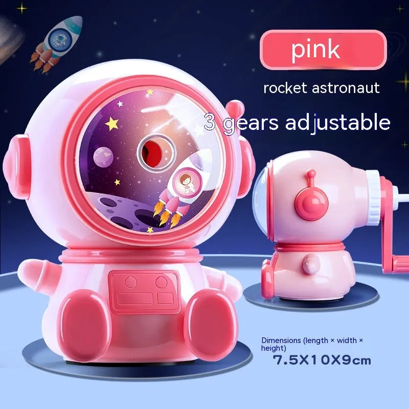 Astronaut-themed manual pencil sharpener in blue or pink with adjustable three-level system