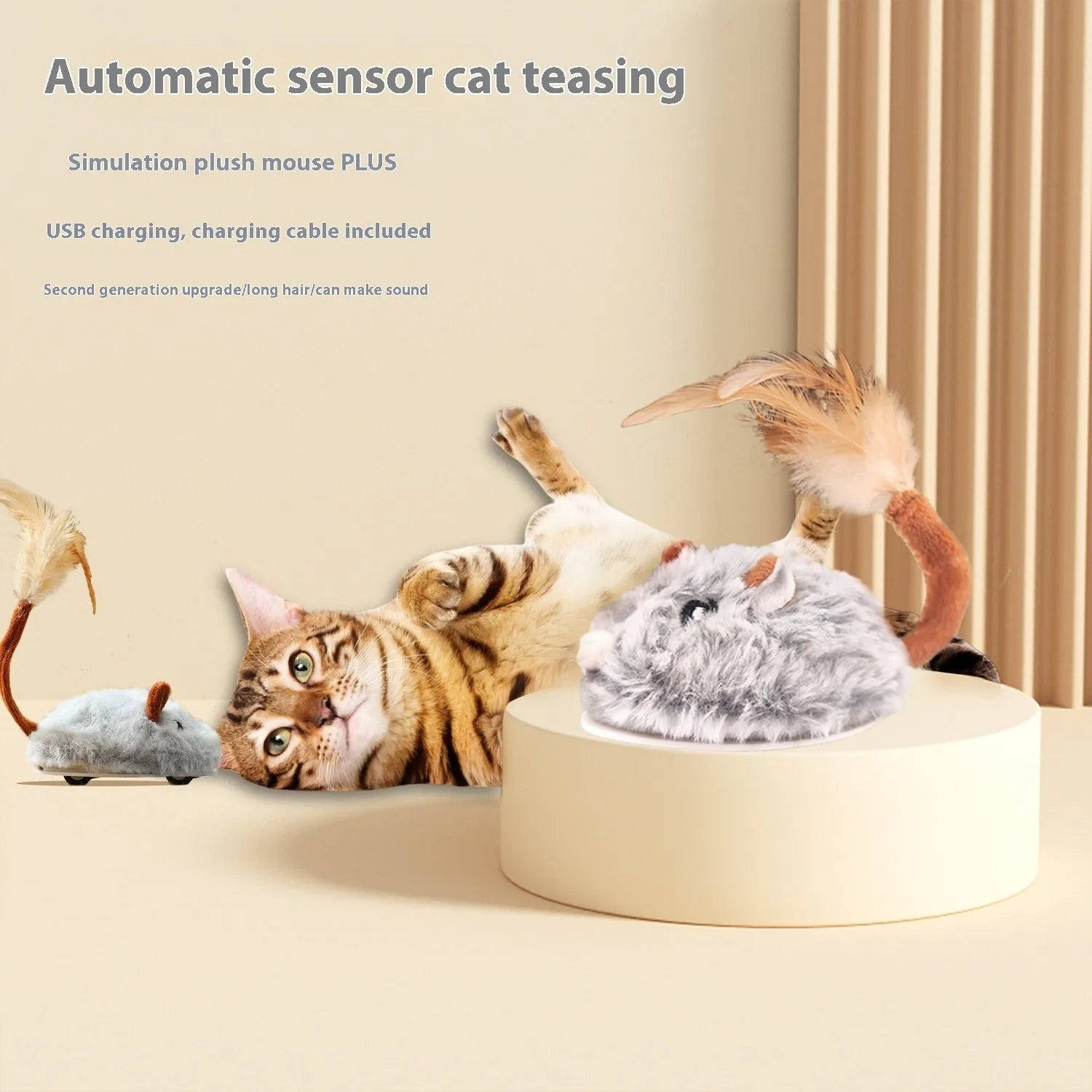 Interactive cat toy with electric moving plush mouse on pole
