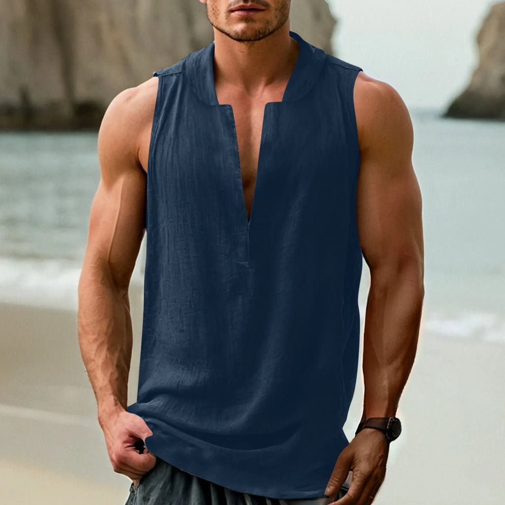 Men's sleeveless cotton linen shirt in mint green colour showing front design