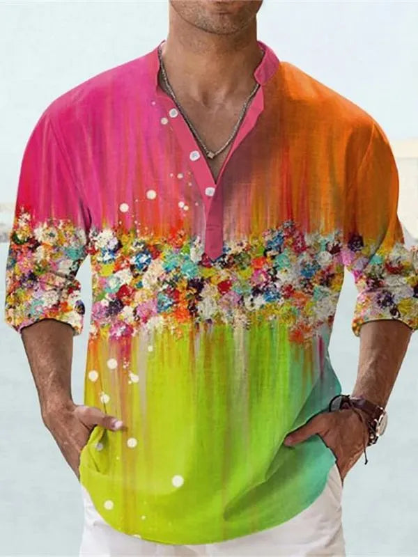 British style striped short sleeve shirt with 3D digital thermal transfer print on bamboo hemp fabric