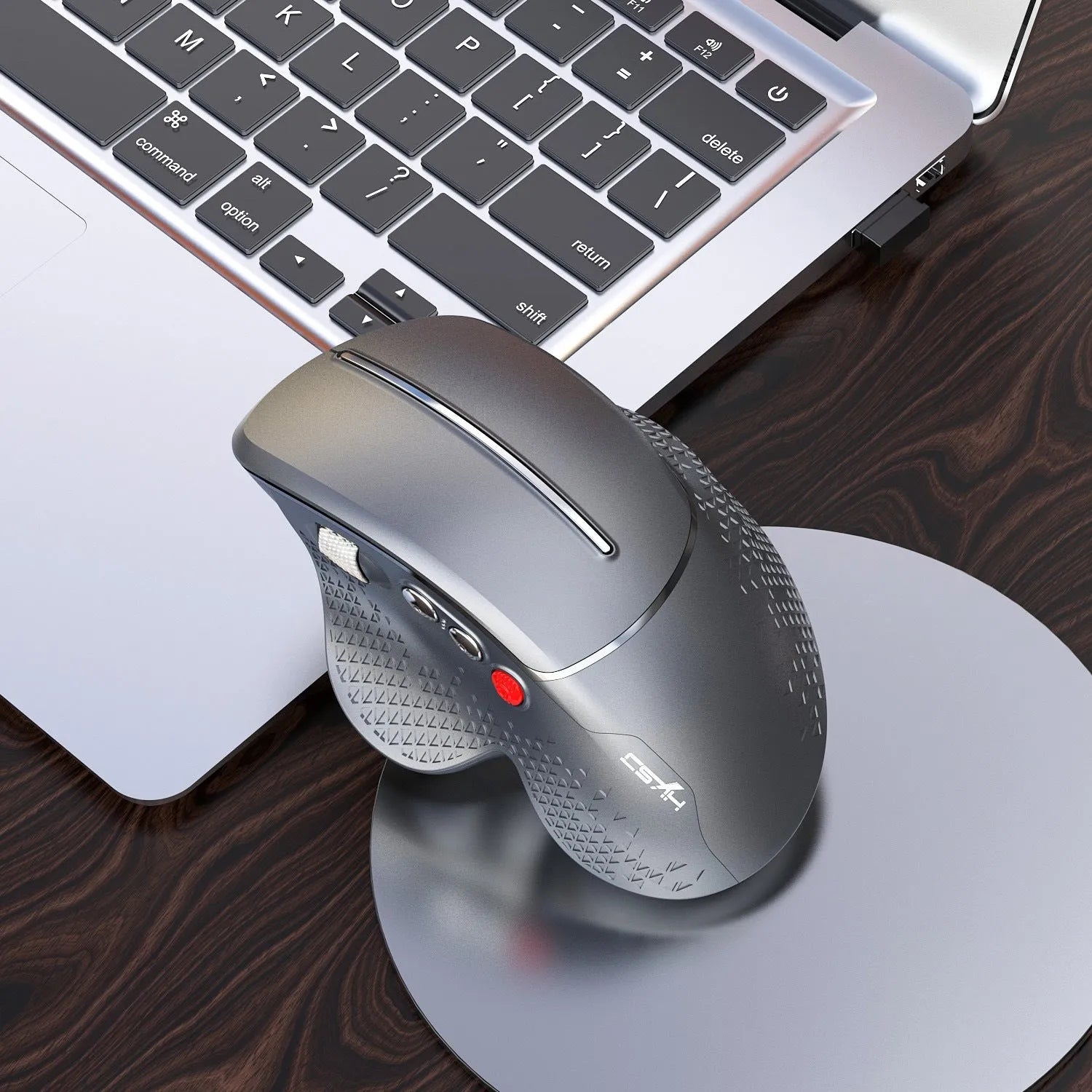 T32 wireless vertical ergonomic mouse in black or silver with aluminium side roller and USB receiver