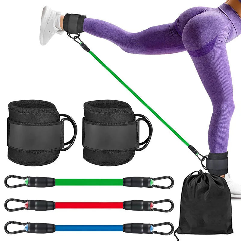 TPE resistance band set in three tension levels with ankle buckles and foot loops