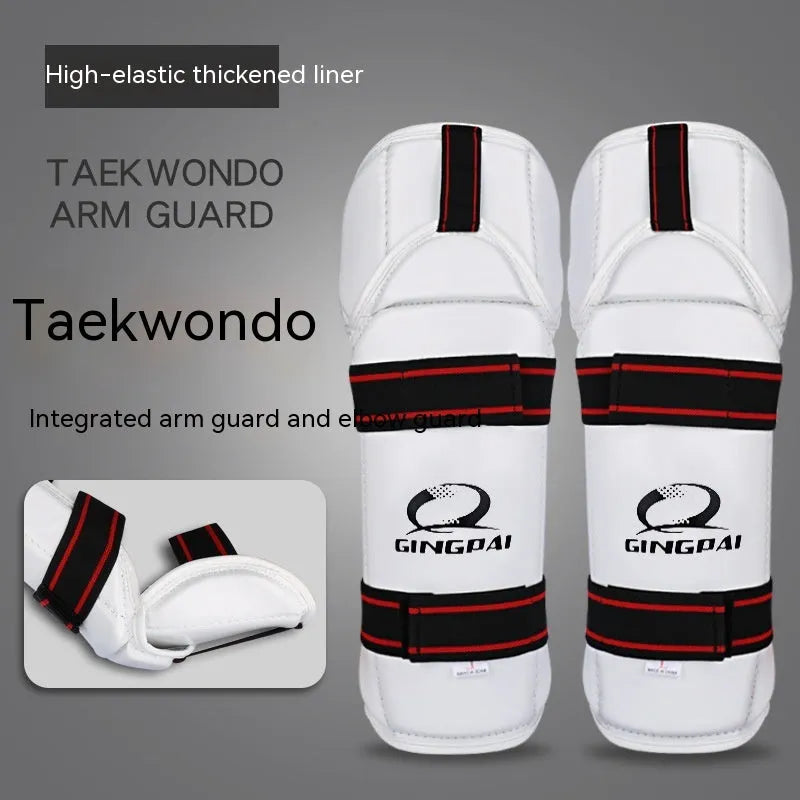 Taekwondo protective gear set showing leg guards, arm guards and elbow protection in PU EVA construction