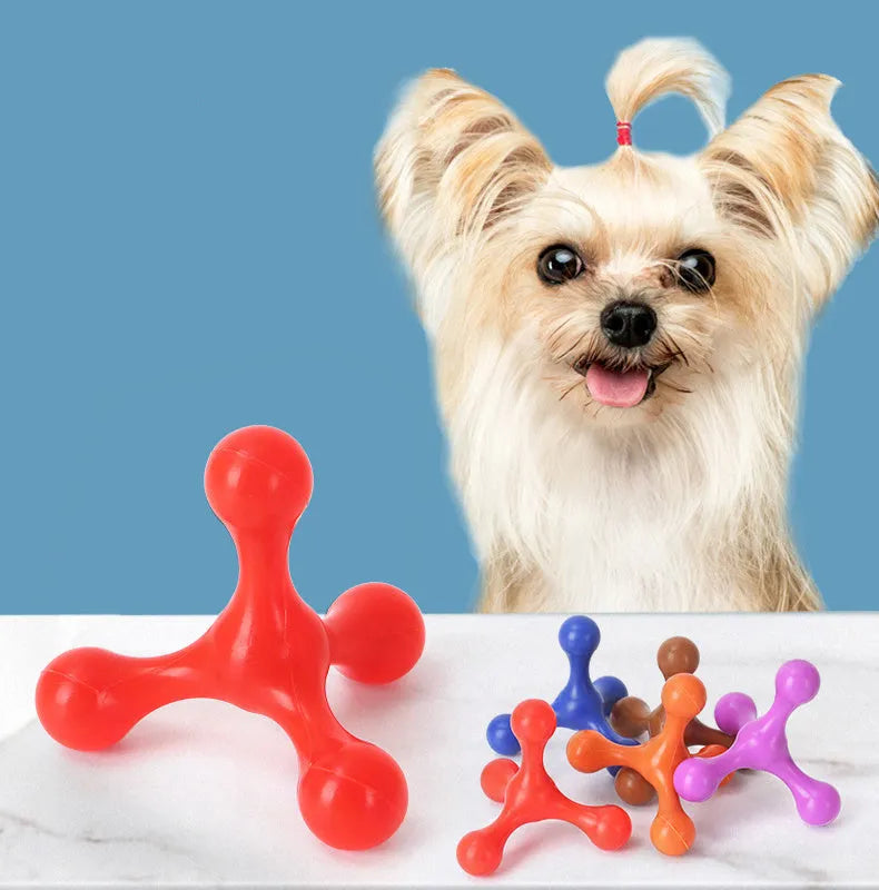 Beef-flavoured silicone three-leg chew toy for puppies in blue, green, purple, red, or red purple