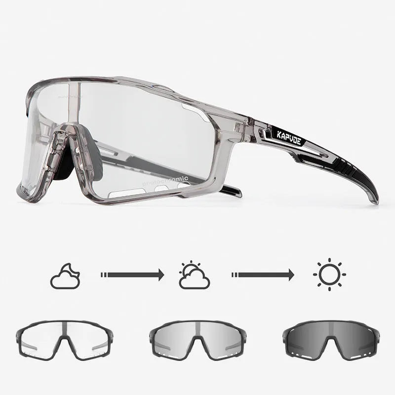 TR90 semi-rimless cycling sunglasses with photochromic lenses, shown in multiple colour options.
