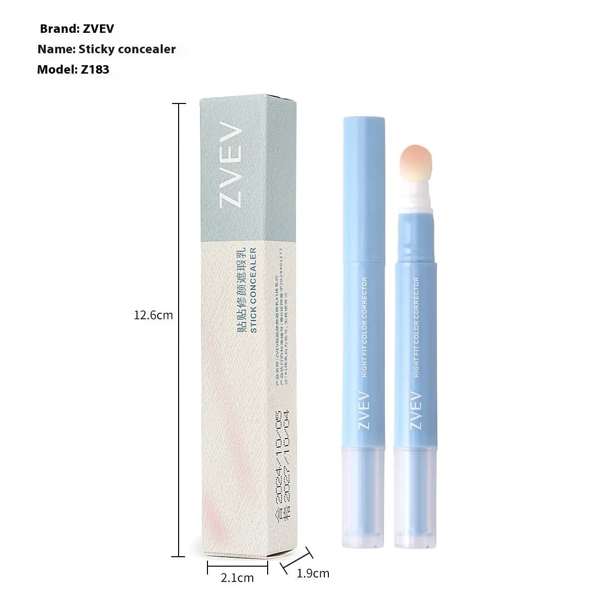 Concealer pen with sponge brush head applicator and cream in three shade options.